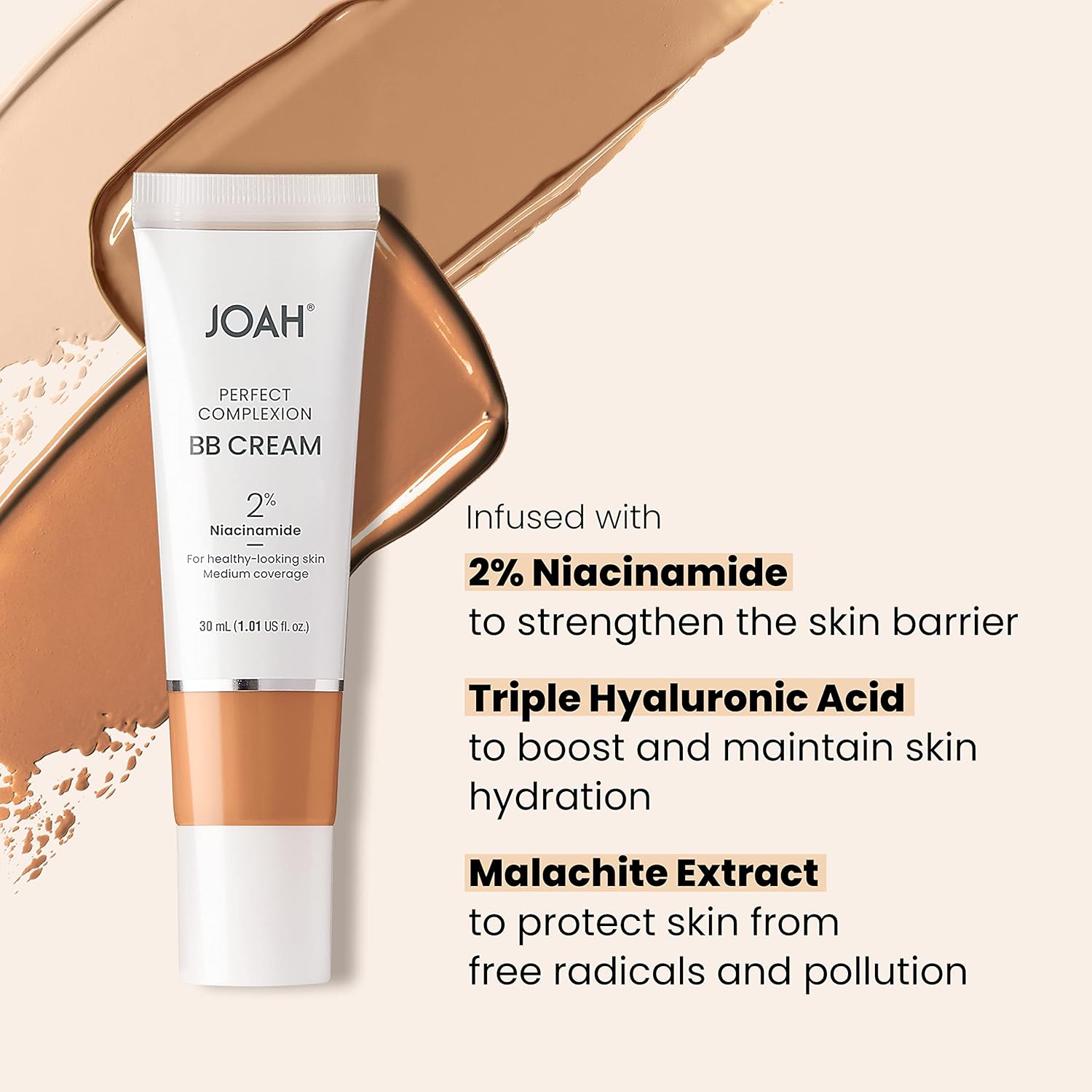 JOAH Beauty Perfect Complexion BB Cream with Hyaluronic Acid and Niaciminade,Korean Makeup with Medium Buildable Coverage,Evens Skin Tone Lightweight Semi Matte Finish Medium with Neutral Undertones - Image 4
