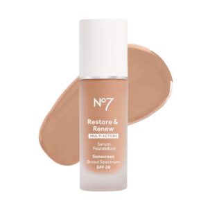 No7 Restore & Renew Multi Action Serum Foundation – Warm Beige – Liquid Foundation Makeup with Vitamin C, Vitamin E & Collagen for Face – Beauty Skin Serum Formula with Medium Coverage (30ml)