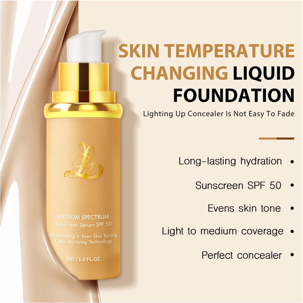 Foundation 4 in 1 - Color Changing Foundation, Medium Spectrum with SPF 50, Hypoallergenic Hydrating Liquid Concealer, Long-lasting & Waterproof Natural Finish - 1.06 fl oz - Image 2