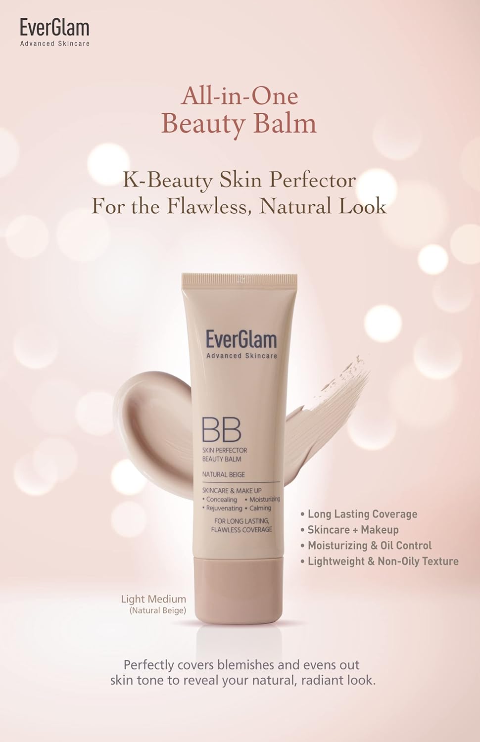 K-Beauty Skin Perfector Korean BB Cream, Light Medium - Flawless, Natural Glow in Seconds | Multi-Function Tinted Moisturizer: Stays On All Day, Dewy, Water-Resistant, Oil-Controlling - Image 4