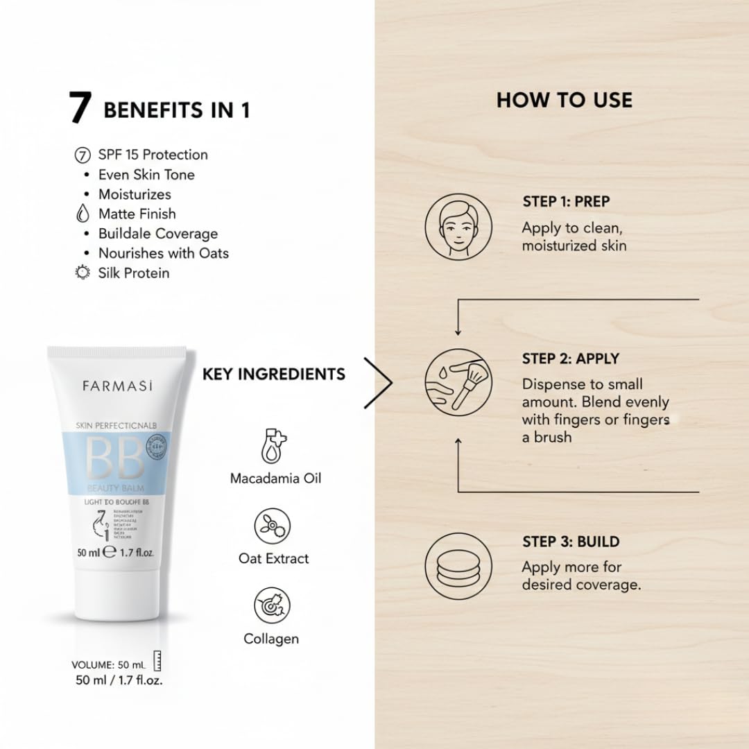 FARMASi BB Cream Beauty Balm, Tinted Moisturizer with SPF 15, Lightweight Matte Finish, Buildable Coverage Face Makeup, 1.7 fl oz, 02 Light to Medium - Image 7