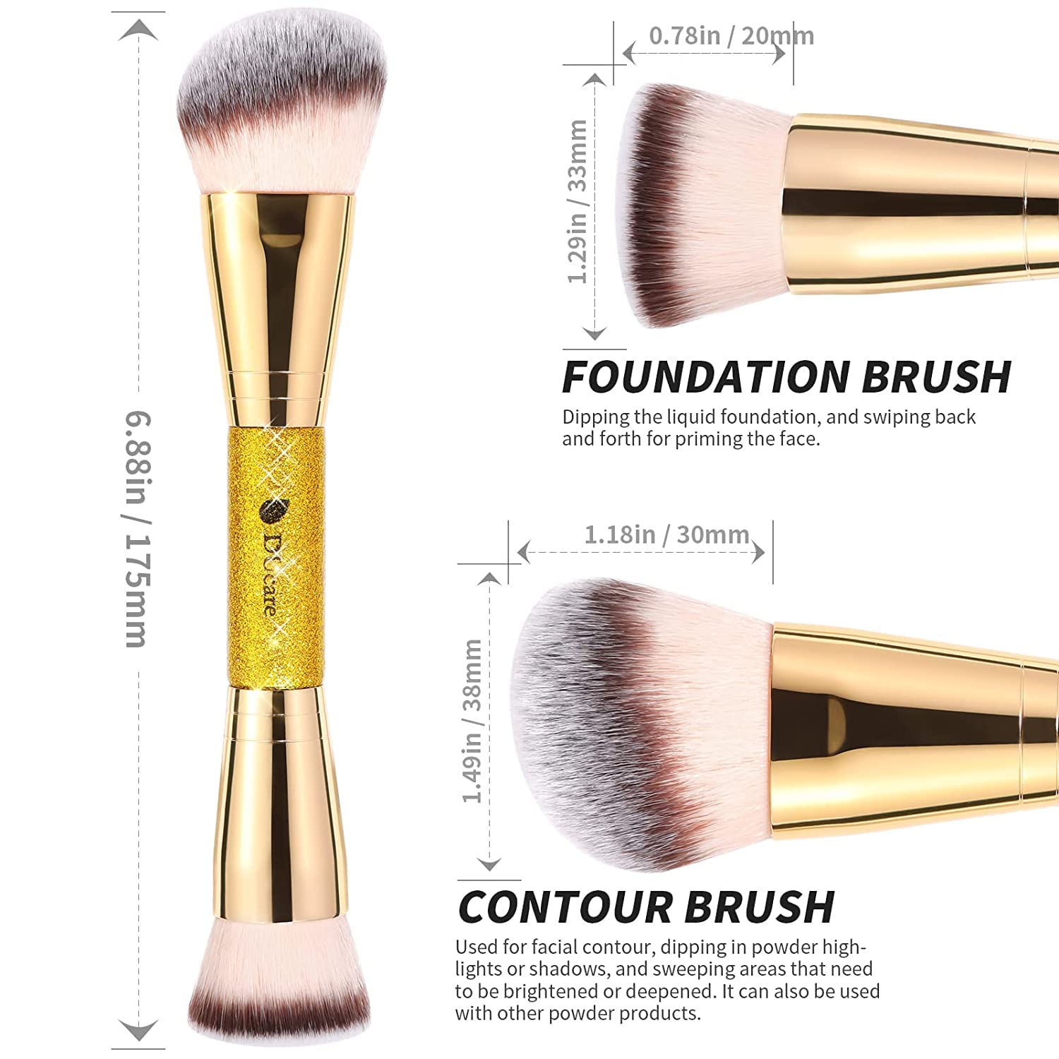 DUcare Foundation Brush Contour Bronzer Makeup Brush Double Ended Self Tanner Brush Sculpting Brush for Blending Liquid Powder Concealer Cream Cosmetics Blush Buffe - Image 4