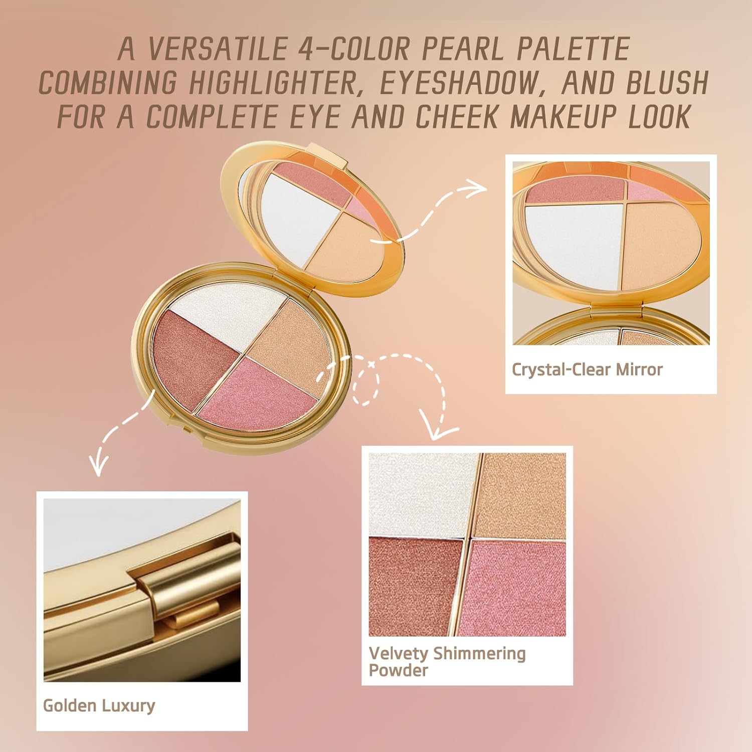 4 Shades Eye & Cheek Palette - 2-in-1 Eyeshadow and Highlighter Makeup Palette, Contour Kit with Matte & Shimmer Shades, Natural Glow Face Highlighter for Women - Image 3