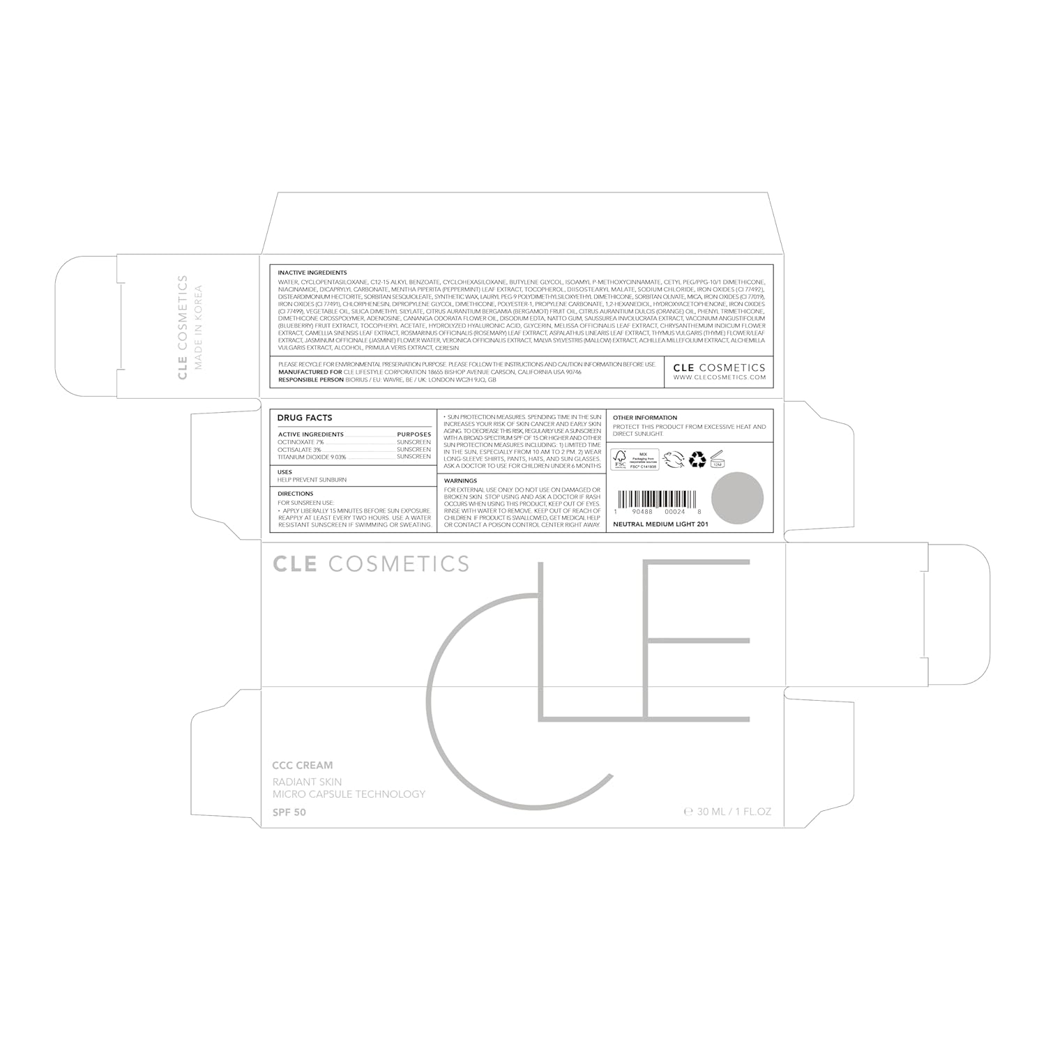 CLE Cosmetics CCC Cream (Neutral Medium Light 201 / SPF 50) - Color Correcting With Sunscreen - Lightweight, Hydrating Foundation - BB & CC Hybrid - Light to Medium Coverage - 1 fl oz - Image 10