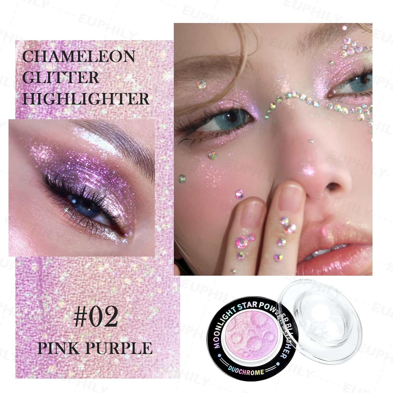 Holographic Glitter Face Highlighter Palette, Chameleon Multichrome Metallic Shimmer Highlighters, Inner Corner Eye Color Shifting Sparkle Illuminator, Highly Pigmented Eye Brighten Makeup #02 - Image 3