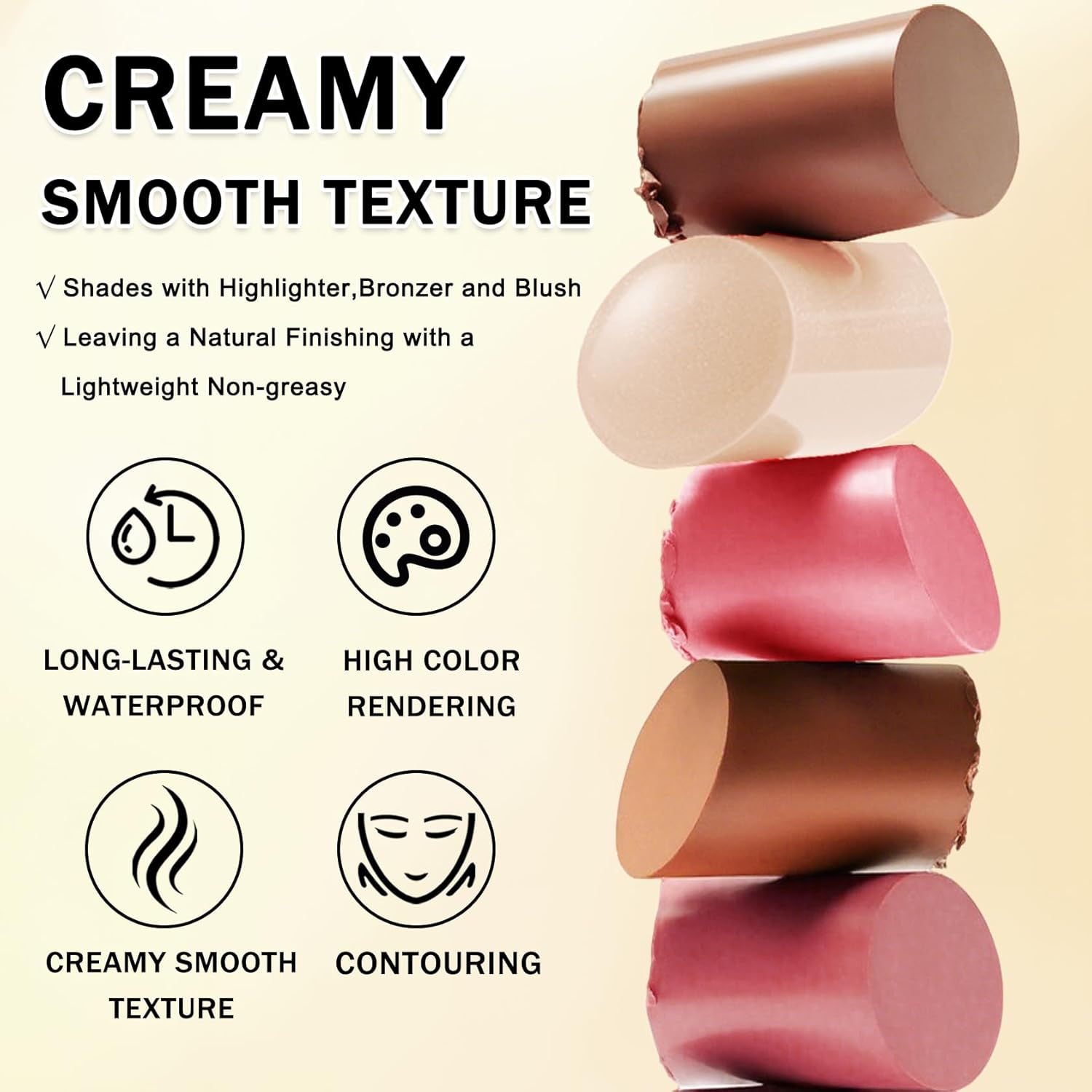 6 Colors Cream Contour Stick Makeup Kit, Double-ended Cream Highlighter Stick Bronzer and Blush Stick for Sculpt the Cheeks, Matte & Dewy Finish, Face Contour Kit for Beginners, Set A - Image 7