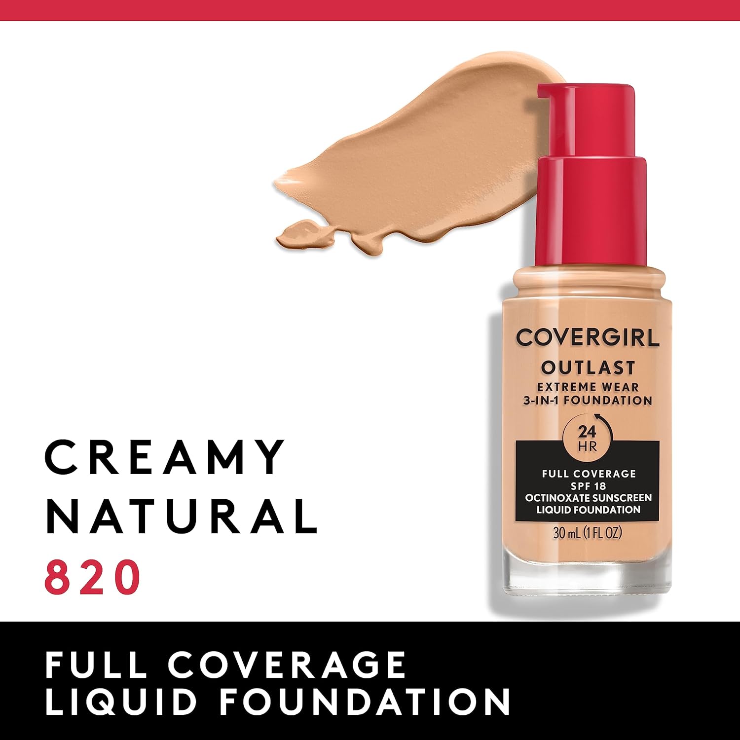 Covergirl Outlast Extreme Wear 3-in-1 Full Coverage Liquid Foundation, SPF 18 Sunscreen, Creamy Natural, 1 Fl. Oz. - Image 3