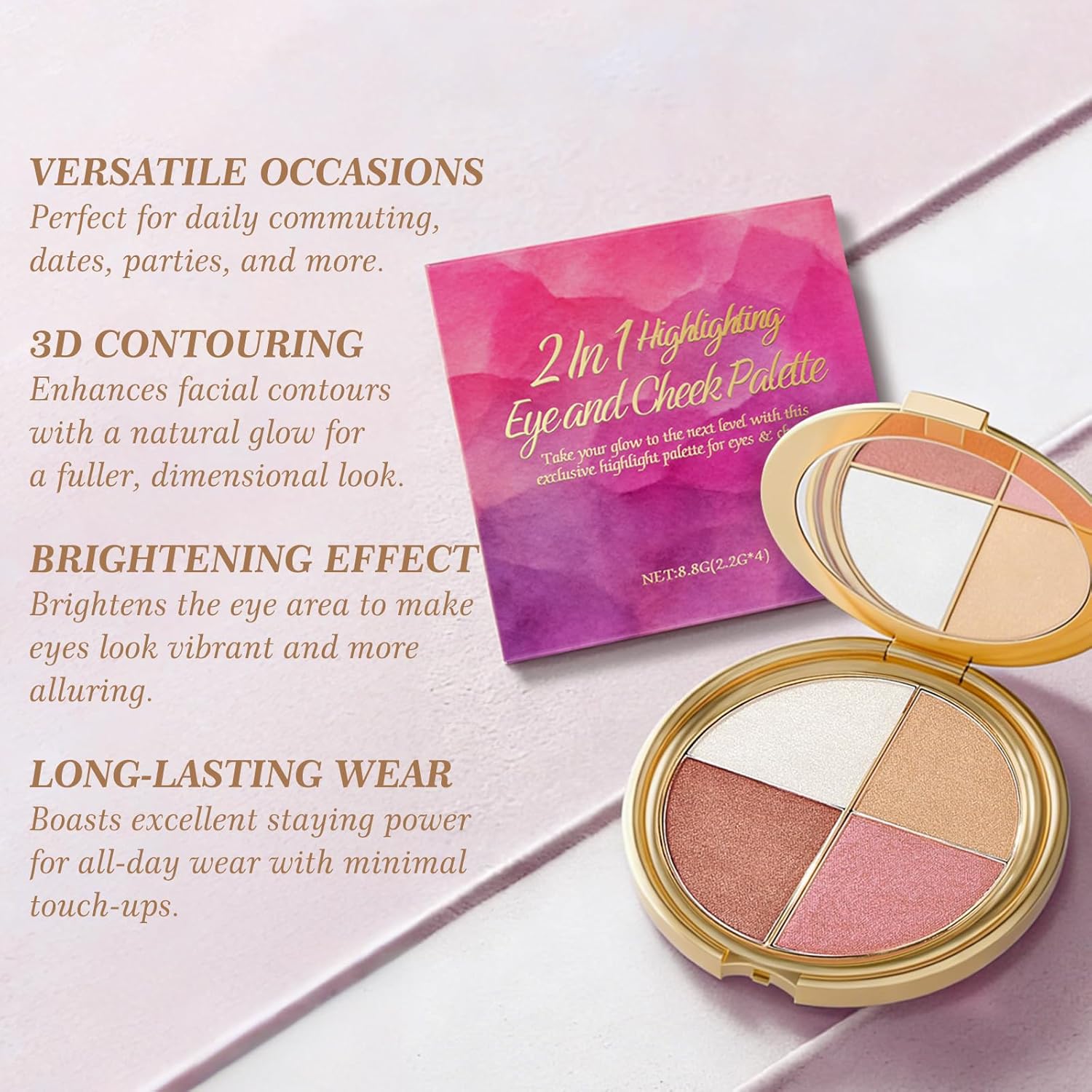 4 Shades Eye & Cheek Palette - 2-in-1 Eyeshadow and Highlighter Makeup Palette, Contour Kit with Matte & Shimmer Shades, Natural Glow Face Highlighter for Women - Image 6