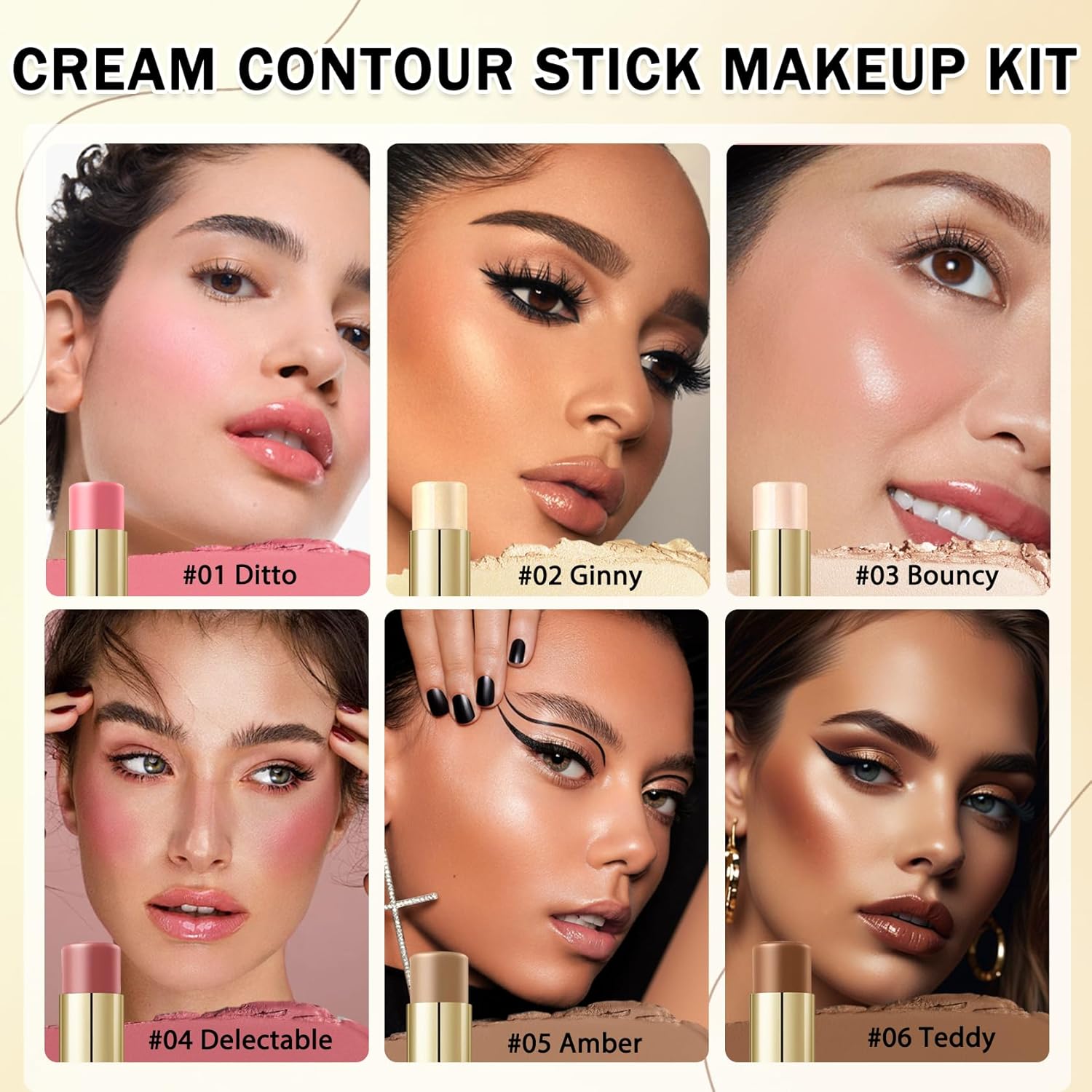 6 Colors Cream Contour Stick Makeup Kit, Double-ended Cream Highlighter Stick Bronzer and Blush Stick for Sculpt the Cheeks, Matte & Dewy Finish, Face Contour Kit for Beginners, Set A - Image 3