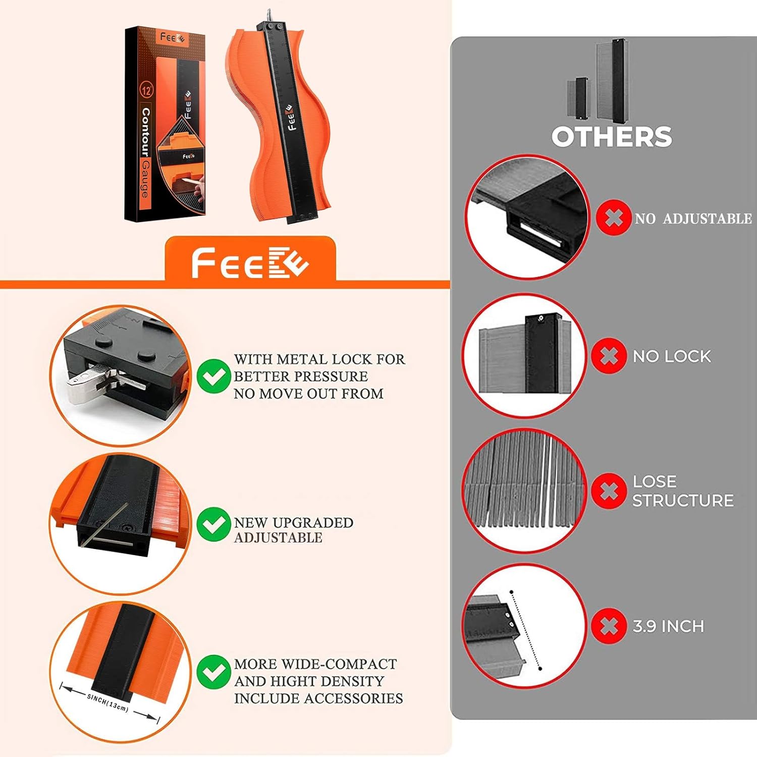 Contour Gauge (12 Inch) with Lock Profile Tool, Birthday Gifts for Men Dad Husband Him Super Contour Duplicator Men Gifts Woodworking Tools Carpenter Tools Construction Outline Angle Measuring Tool - Image 8