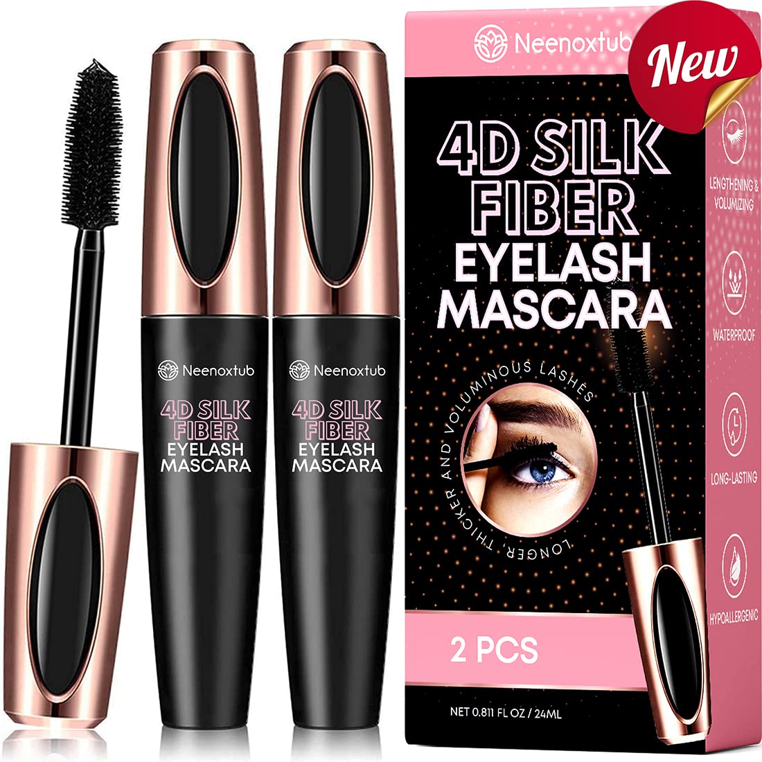 4D Silk Fiber Lash Mascara, Lengthening and Thick, Long Lasting, Waterproof & Smudge-Proof, Hypoallergenic Formula 2 Pack Black - Image 6