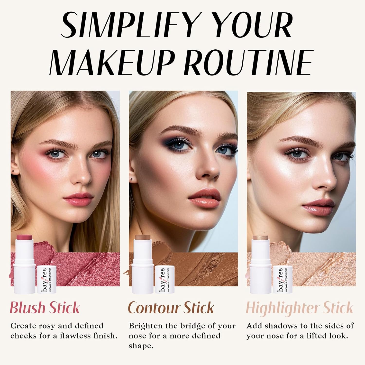 KIMUSE Face Sticks Trio, Cream Blush Stick & Highlighter Stick & Contour Stick for Sculpt the Cheeks, Long Lasting Cream Contour Stick Trio for Face Makeup, with Brush - Image 3