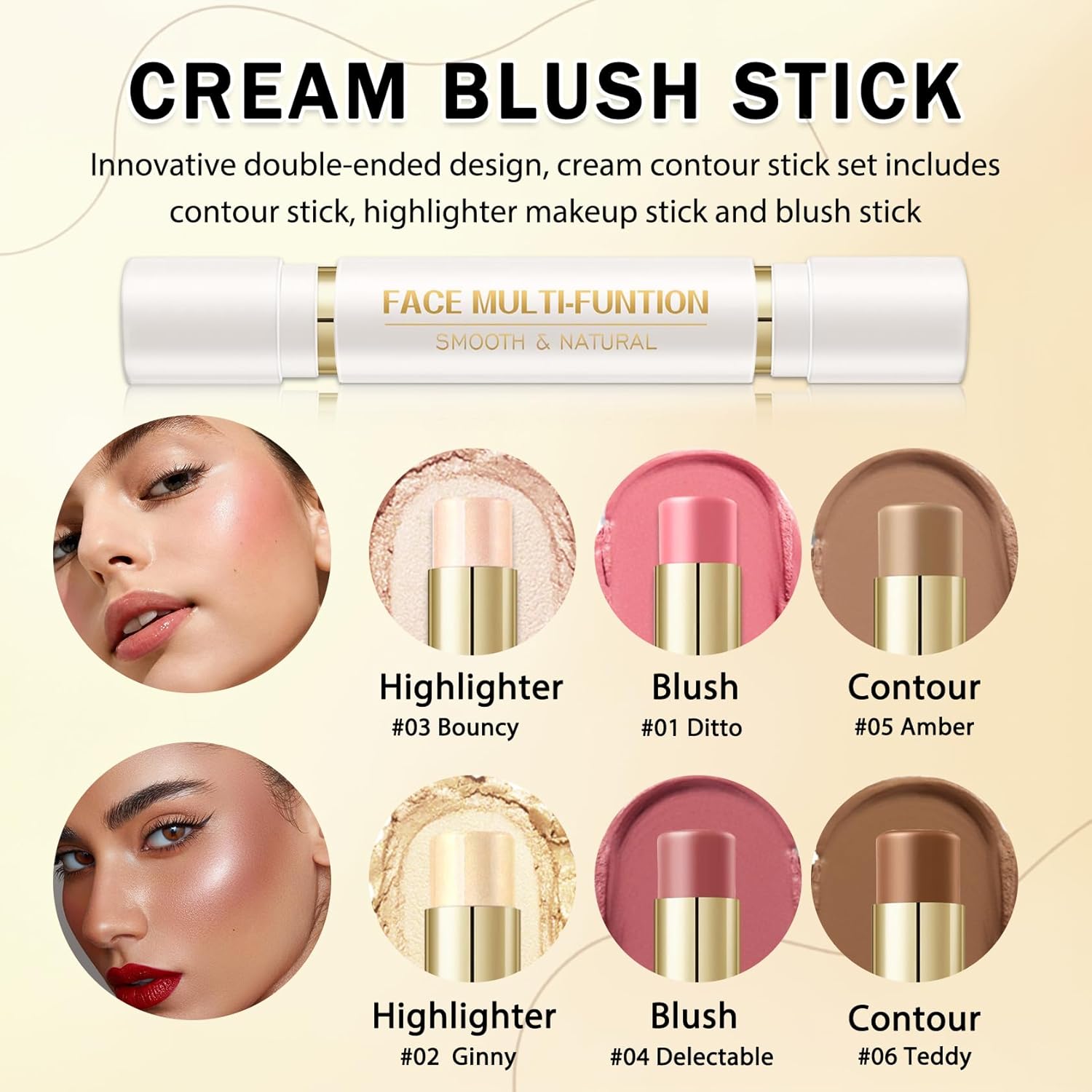 6 Colors Cream Contour Stick Makeup Kit, Double-ended Cream Highlighter Stick Bronzer and Blush Stick for Sculpt the Cheeks, Matte & Dewy Finish, Face Contour Kit for Beginners, Set A - Image 4