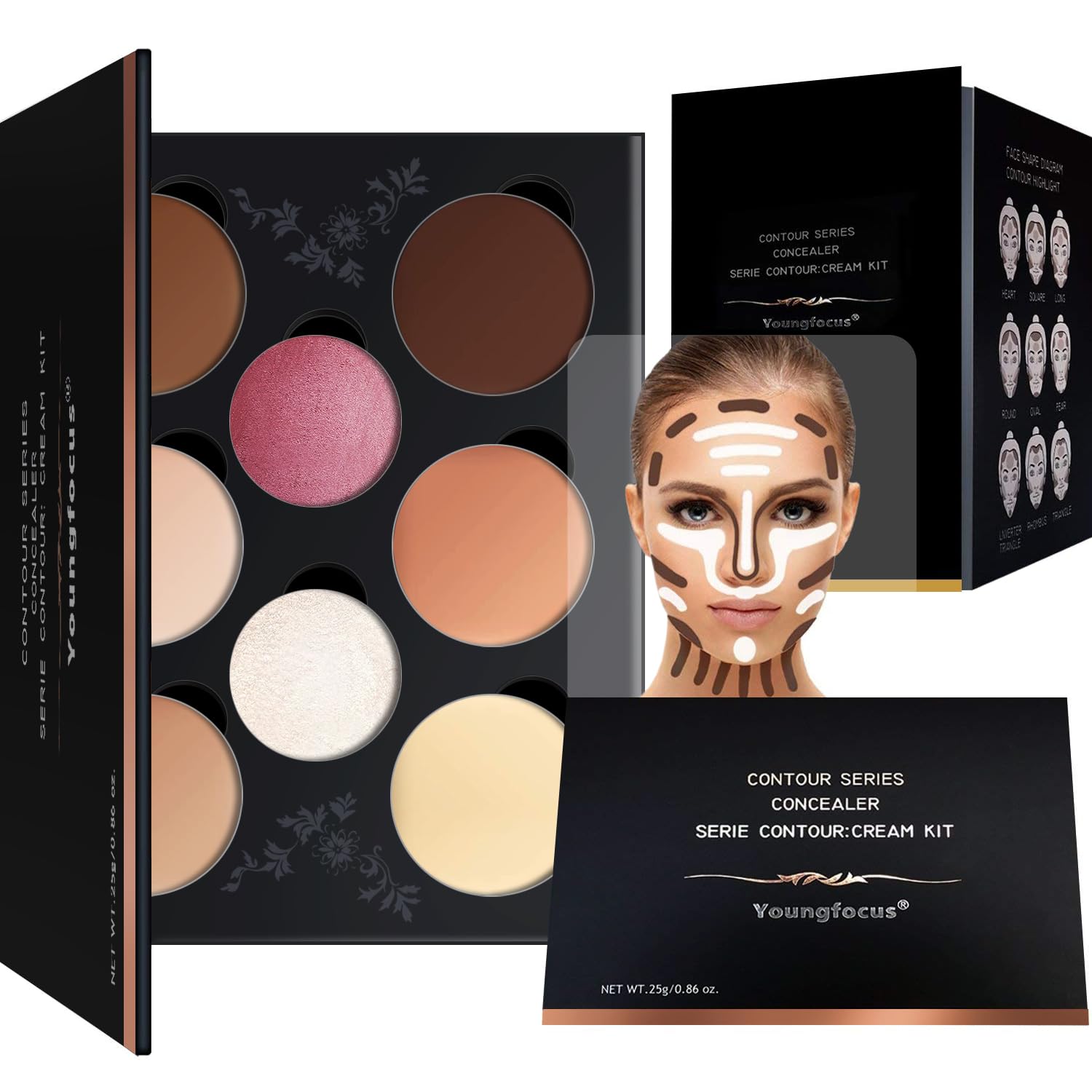 Youngfocus Cosmetics Cream Contour Best 8 Colors Contouring Foundation - Highlighting Makeup Kit/Concealer Palette - Vegan, Cruelty Free and Hypoallergenic - Instruction Manual(Face Blushes) - Image 2