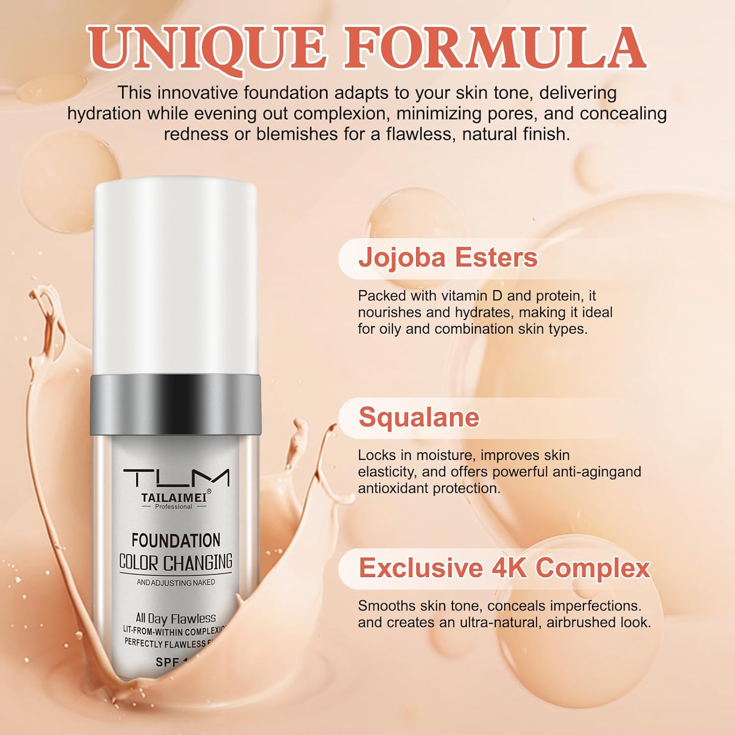 Color Changing Foundation Liquid Base, 2 PACK Flawless Colour Changing Warm Skin Tone Foundation Makeup,BB Cream Makeup Base Concealer Cover Moisturizing Fluid for all Skin Tone SPF15 - Image 3