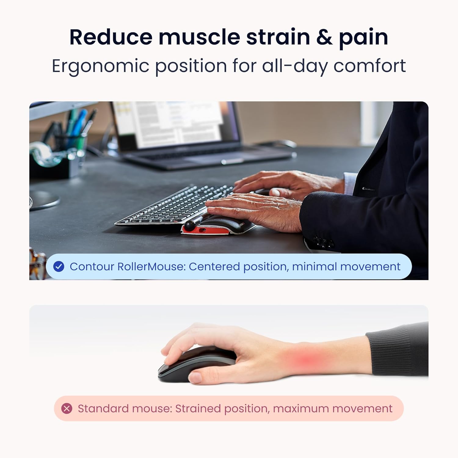 Contour RollerMouse Red Ergonomic Mouse for Shoulder Forearm Wrist Strain Relief for RSI Carpal Tunnel Centered Rollerbar 6 Customizable Buttons 10 Speed Settings Mac/PC Compatible Wireless - Regular - Image 6