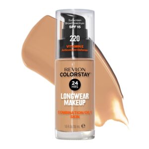Revlon Liquid Foundation, ColorStay Face Makeup for Combination & Oily Skin, SPF 15, Medium-Full Coverage with Matte Finish, 220 Natural Beige, 1 Fl Oz