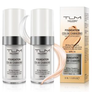 Color Changing Foundation Liquid Base, 2 PACK Flawless Colour Changing Warm Skin Tone Foundation Makeup,BB Cream Makeup Base Concealer Cover Moisturizing Fluid for all Skin Tone SPF15