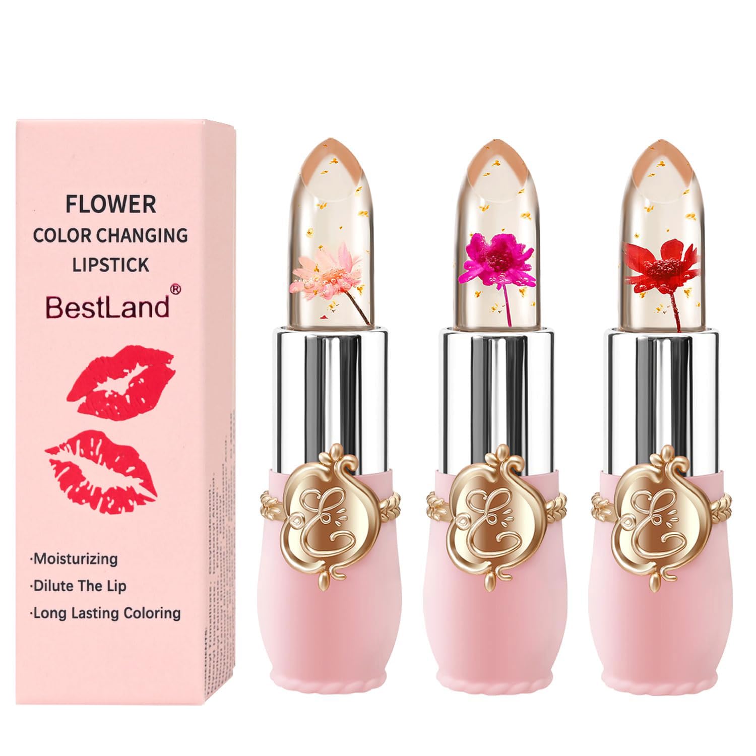 BestLand 3 Pcs/Set Flower Jelly Lipstick Set Temperature Change Moisturizer Long Lasting Nutritious Balm Magic Color Change Lip Gloss (3Pcs Flower Jelly Lipstick 010203) - Image 2