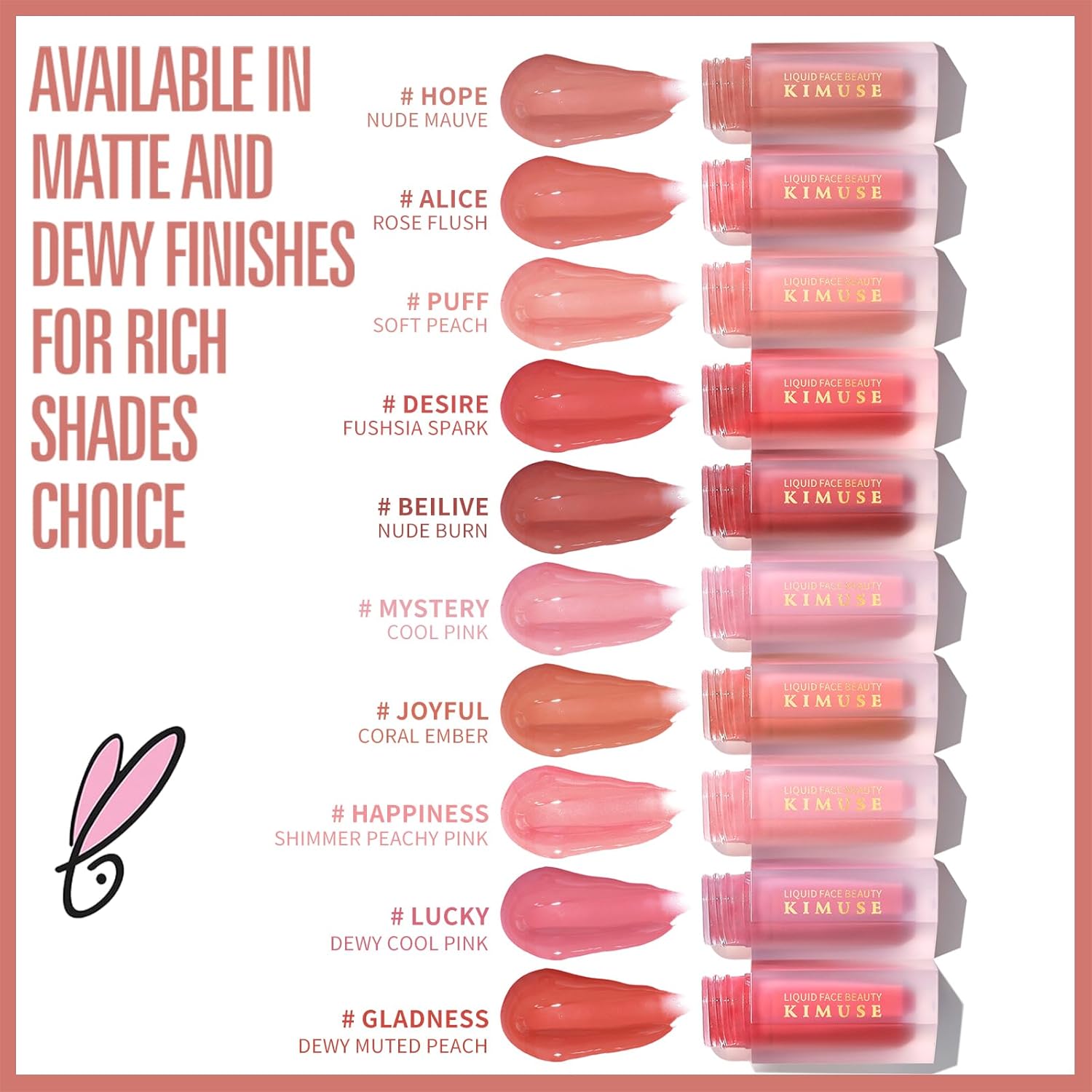 KIMUSE Liquid Blush, Long-Wearing Pigmented Soft Cream Face Blush, Waterproof, Smudge Proof, Dewy Finish - Image 9