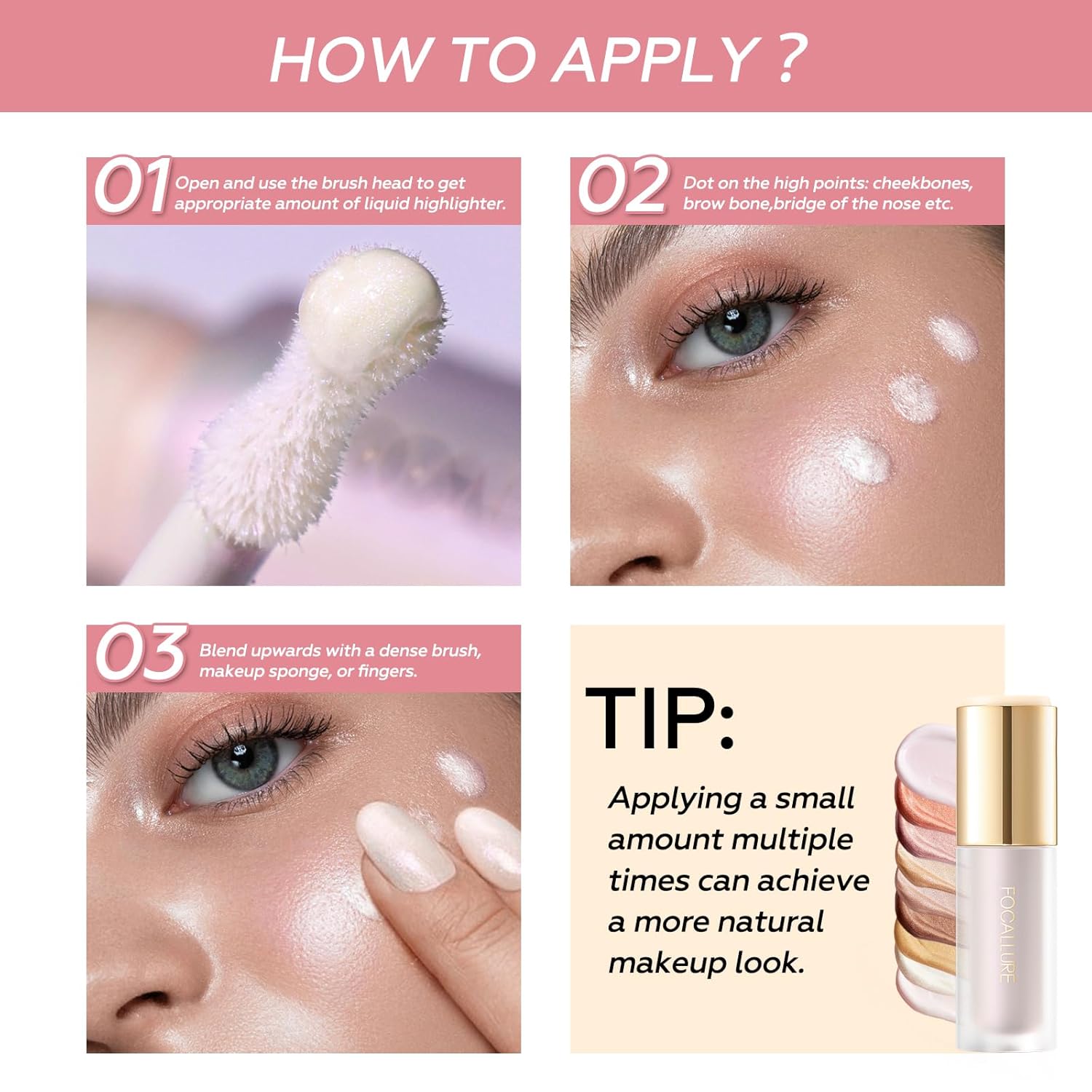 FOCALLURE Shimmer Liquid Highlighter, Smooth Cream Formula and Non-greasy Finish,Delivers a Natural Glow, Long Lasting Illuminator Highlighter Face Enhancing Makeup,Golden Wind - Image 7