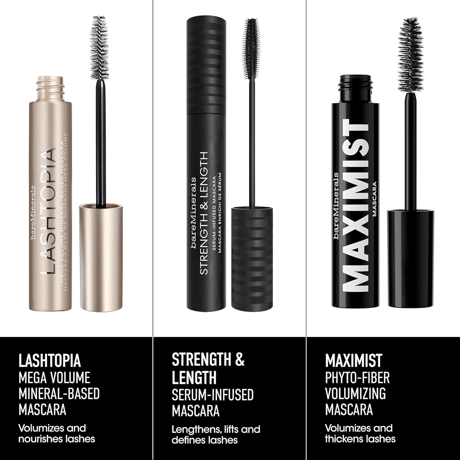 bareMinerals Lashtopia Mega Volume Mineral-Based Black Mascara, 10X More Volume, Whipped Mousse-Like Formula, Fanned-Out Fullness, Nourishes & Conditions Lashes, Clump- & Flake-Resistant, Vegan - Image 6