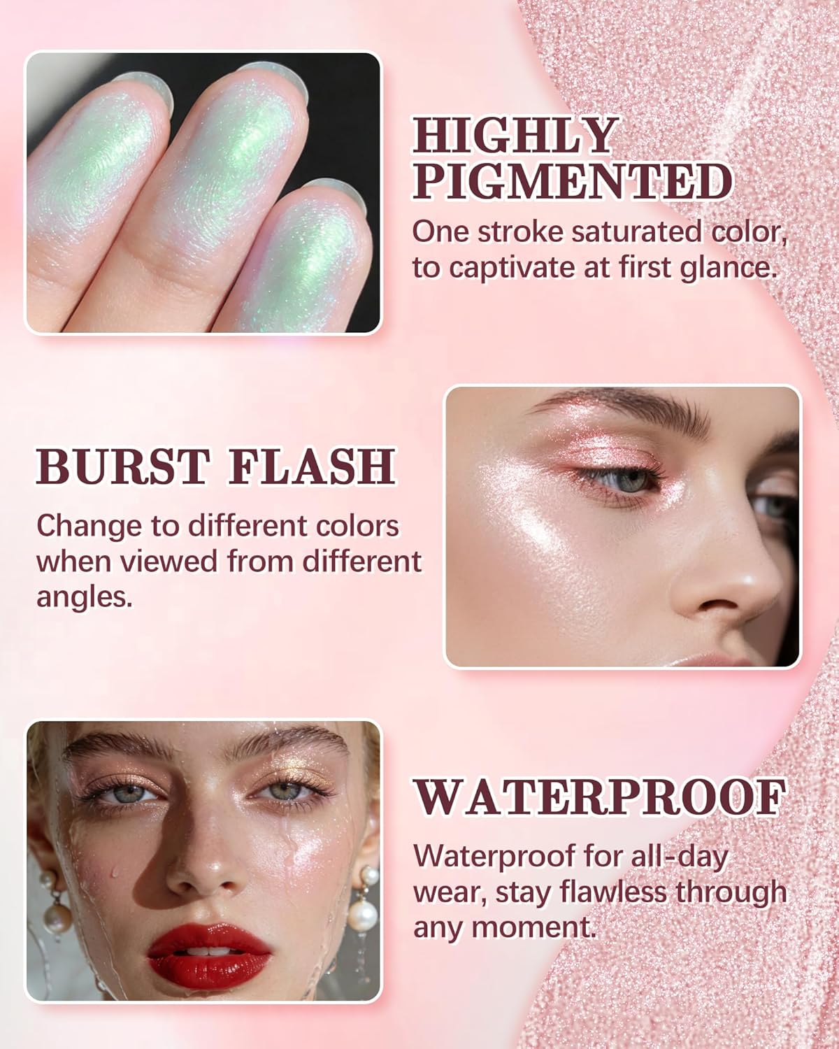 Pink Glitter Eyeshadow Palette, Single Shimmer Metallic Eye Shadow Palettes, Waterproof Long Lasting, Sparkly Highly Pigmented Eye Shadow for Women, Blendable Highlighter Powder Makeup Palette 01 - Image 6