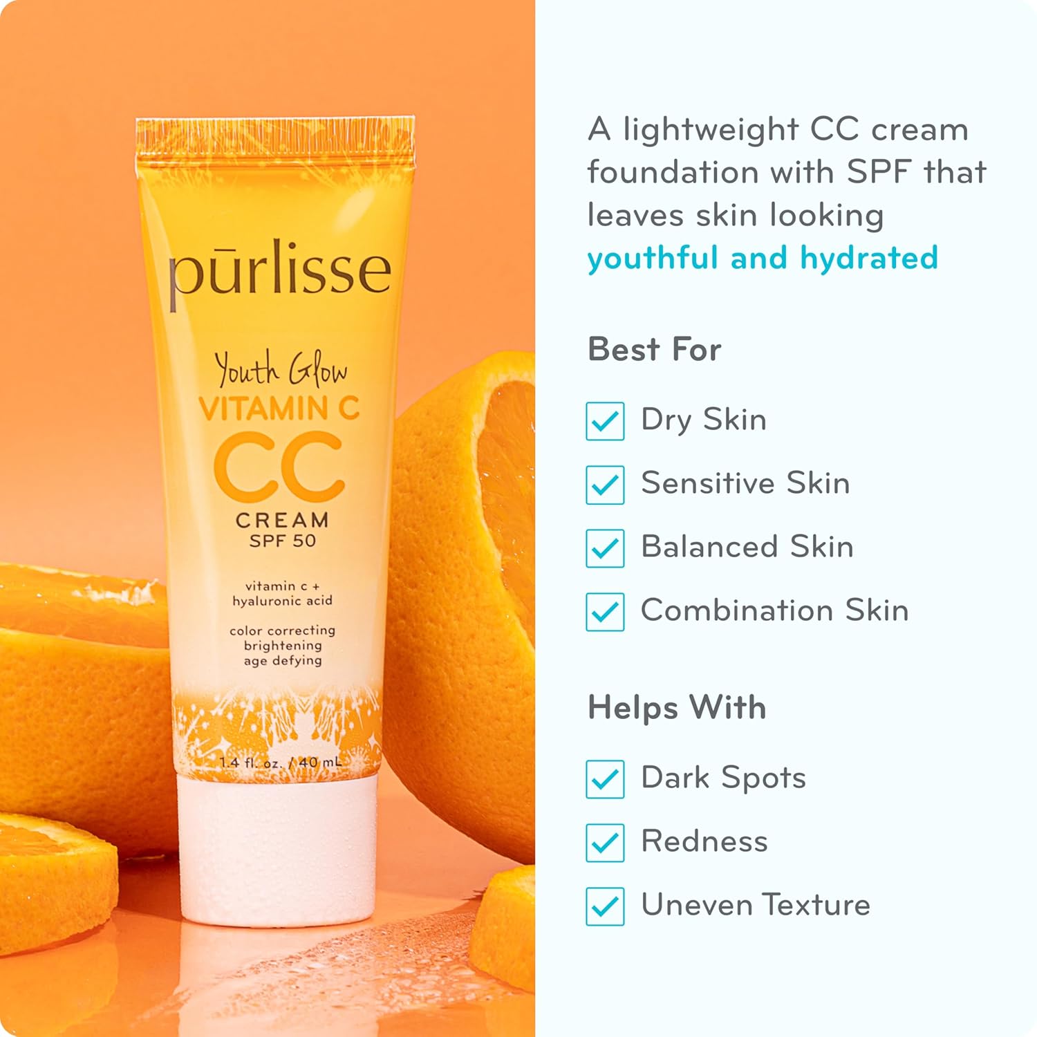 pūrlisse Youth Glow Vitamin C CC Cream with SPF 50 - Color Corrector Enriched with Sea Buckthorn, Vitamin C & Hyaluronic Acid - Boosts Radiance & Youthfulness - Paraben-Free - Light (1.4 oz) - Image 3