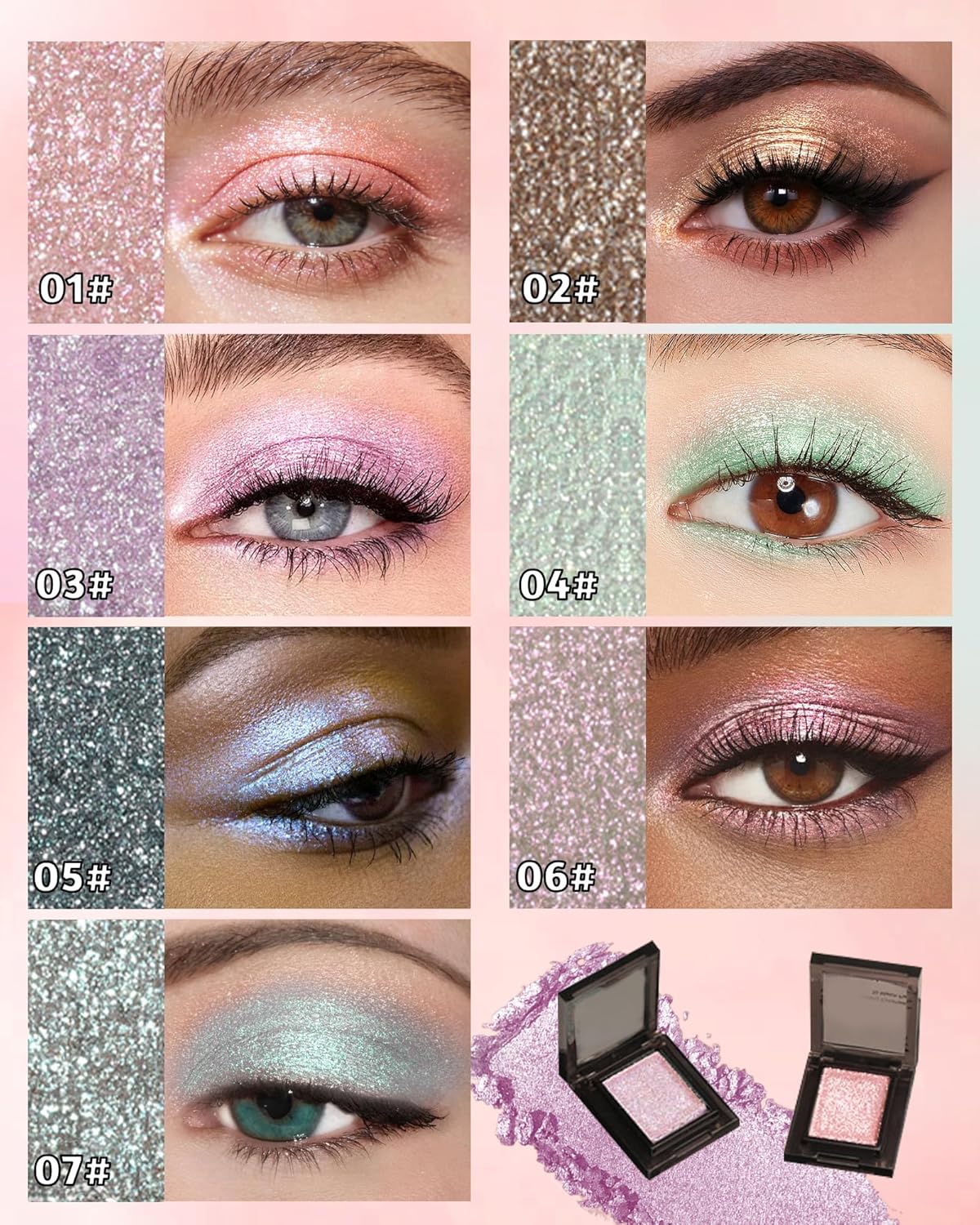 Pink Glitter Eyeshadow Palette, Single Shimmer Metallic Eye Shadow Palettes, Waterproof Long Lasting, Sparkly Highly Pigmented Eye Shadow for Women, Blendable Highlighter Powder Makeup Palette 01 - Image 8