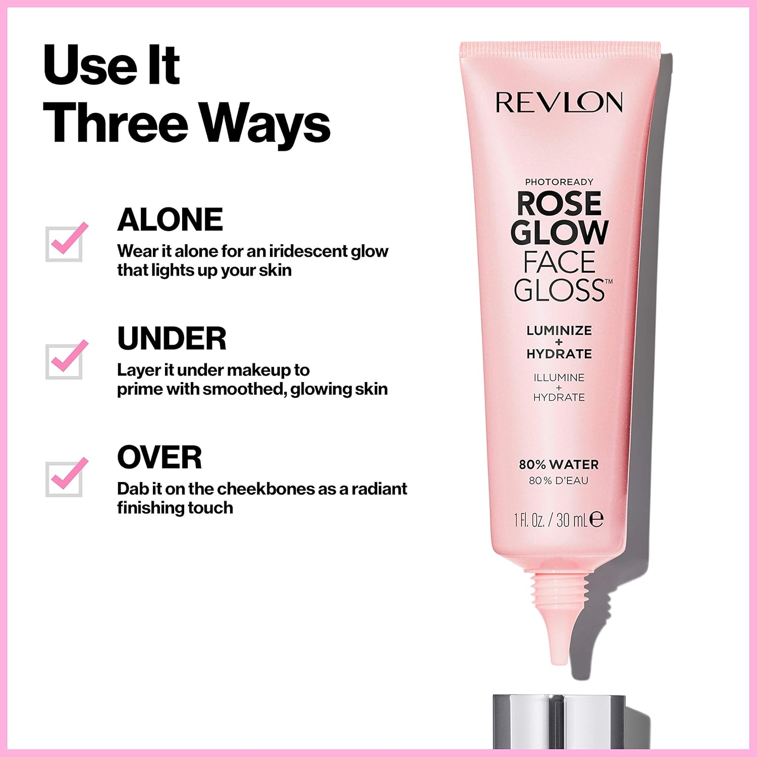 Revlon PhotoReady Face Gloss Rose Glow Primer, Makeup for All Skin Types, Hydrates, Illuminates & Moisturizes, Infused with Glycerin & Olive Oil Extract, 80% Water, 1 Fl Oz - Image 4