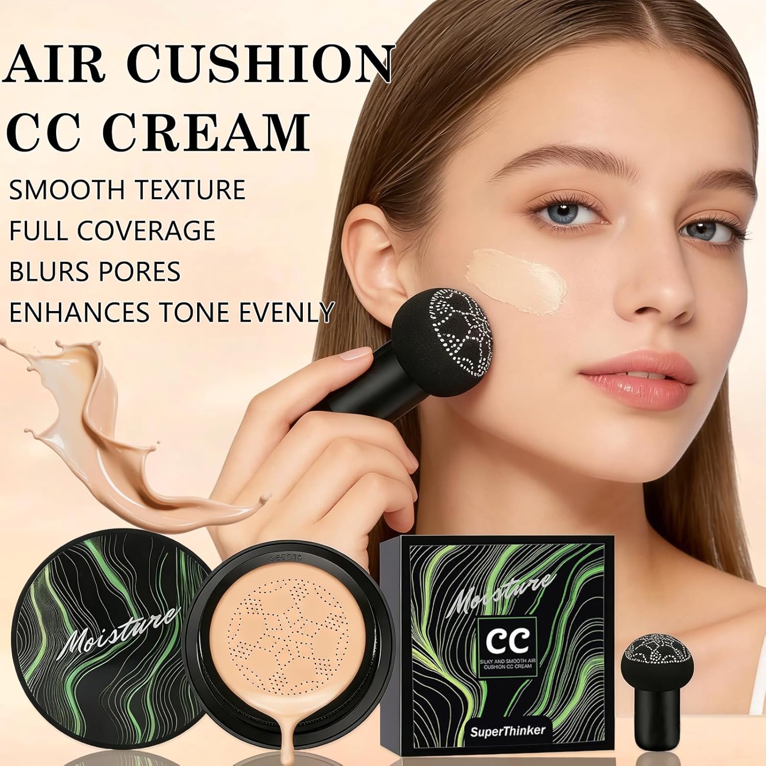 Air Cushion CC Cream Foundation Makeup, BB Cream Makeup, Color Correcting CC Cream, Tattoo Cover Up Makeup, Natural Full Coverage Foundation, Moisturizing Concealer Brighten,Even Skin Tone (Natural) - Image 2