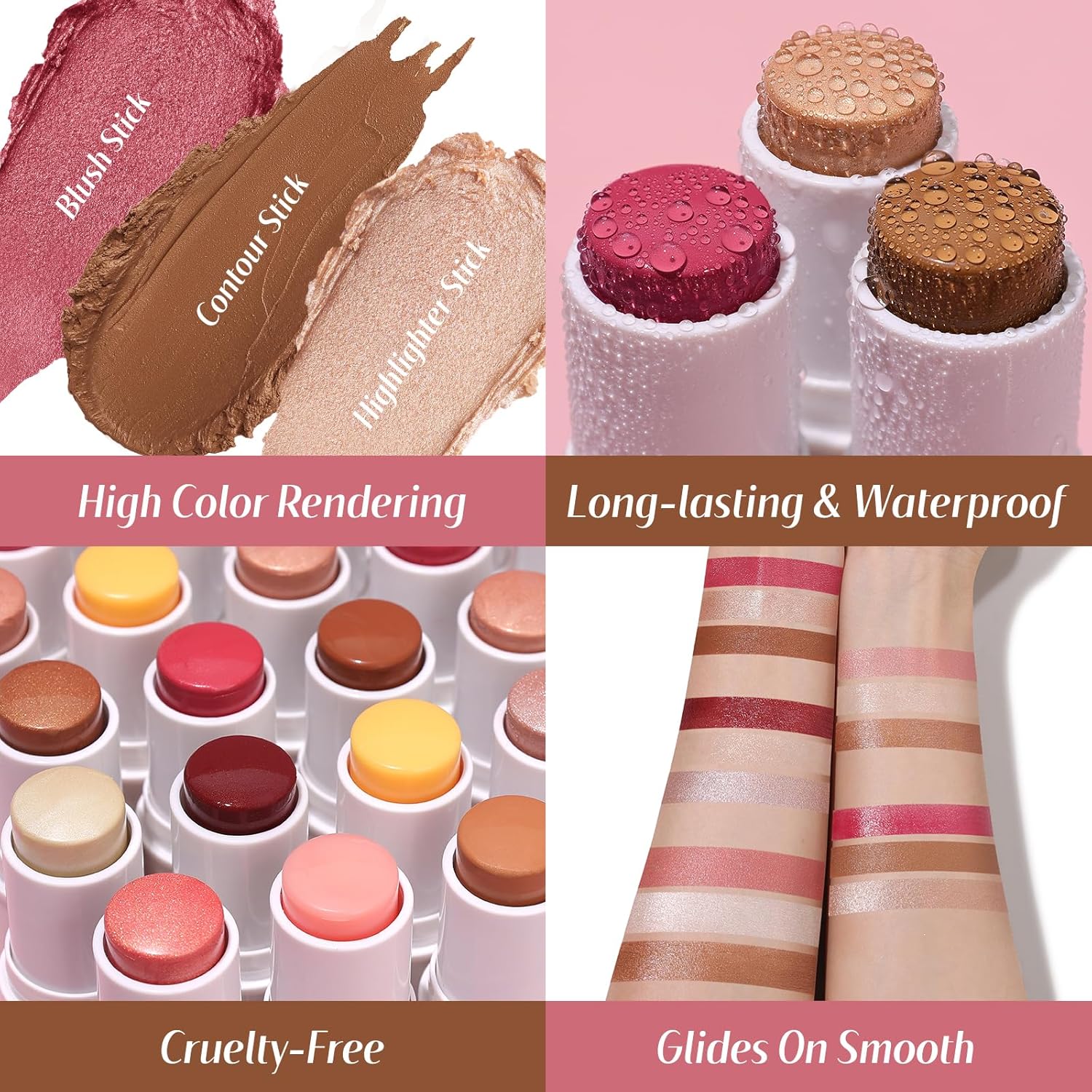 KIMUSE Face Sticks Trio, Cream Blush Stick & Highlighter Stick & Contour Stick for Sculpt the Cheeks, Long Lasting Cream Contour Stick Trio for Face Makeup, with Brush - Image 5