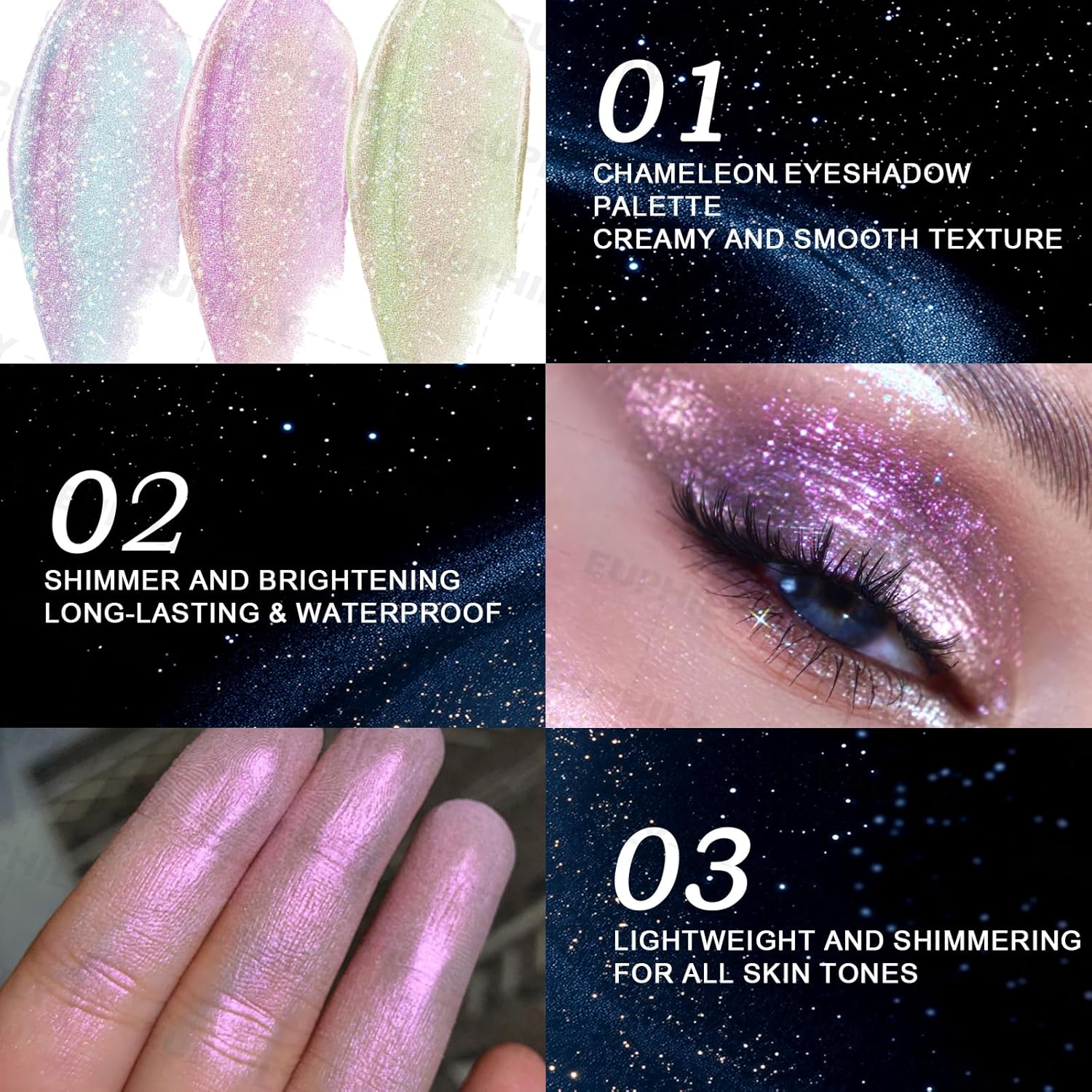 Holographic Glitter Face Highlighter Palette, Chameleon Multichrome Metallic Shimmer Highlighters, Inner Corner Eye Color Shifting Sparkle Illuminator, Highly Pigmented Eye Brighten Makeup #02 - Image 6