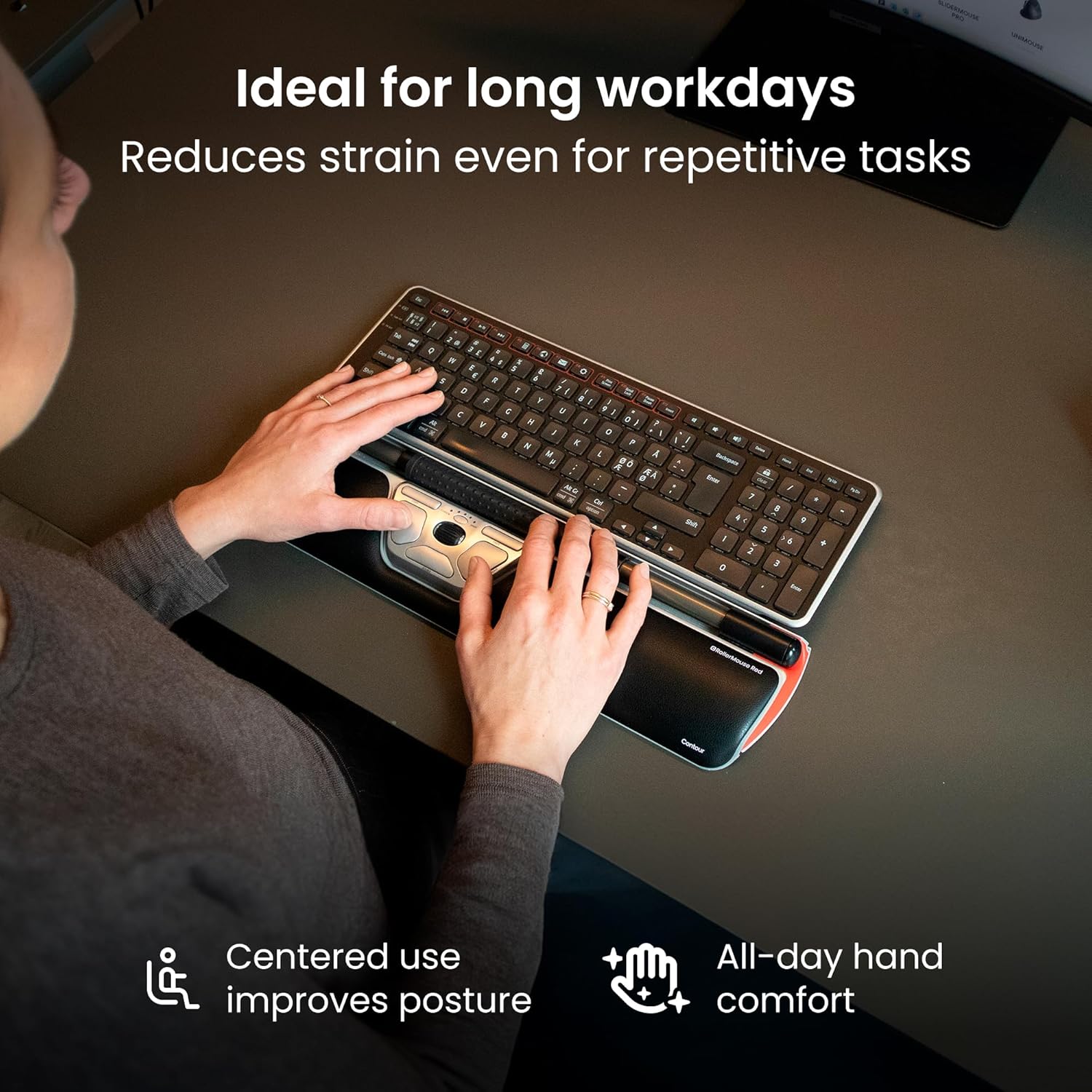 Contour RollerMouse Red Ergonomic Mouse for Shoulder Forearm Wrist Strain Relief for RSI Carpal Tunnel Centered Rollerbar 6 Customizable Buttons 10 Speed Settings Mac/PC Compatible Wireless - Regular - Image 7