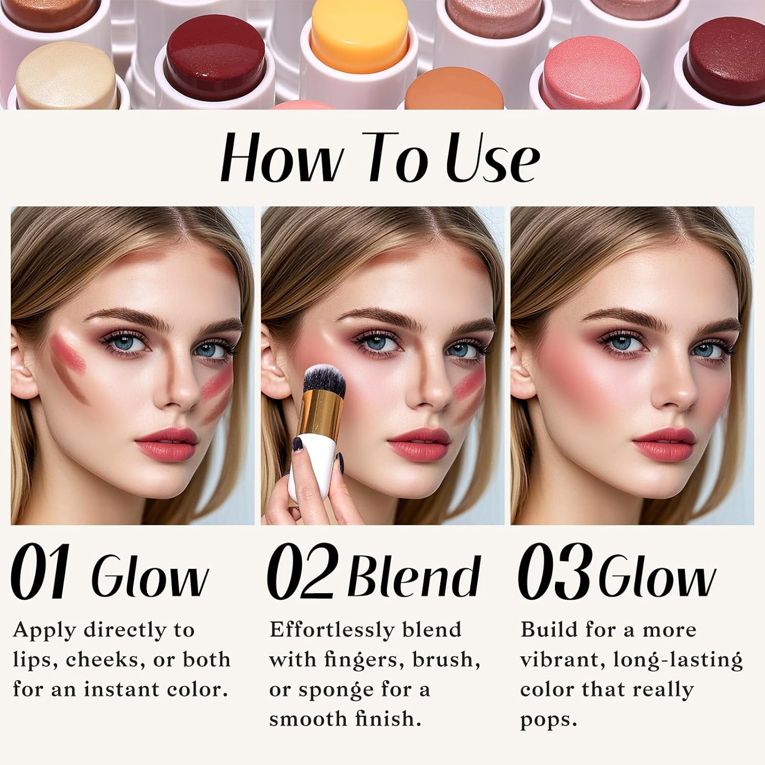 KIMUSE Face Sticks Trio, Cream Blush Stick & Highlighter Stick & Contour Stick for Sculpt the Cheeks, Long Lasting Cream Contour Stick Trio for Face Makeup, with Brush - Image 6