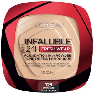 L’Oreal Paris Makeup Infallible Fresh Wear Foundation in a Powder, Up to 24H Wear, Waterproof, Ivory Buff, 0.31 oz.