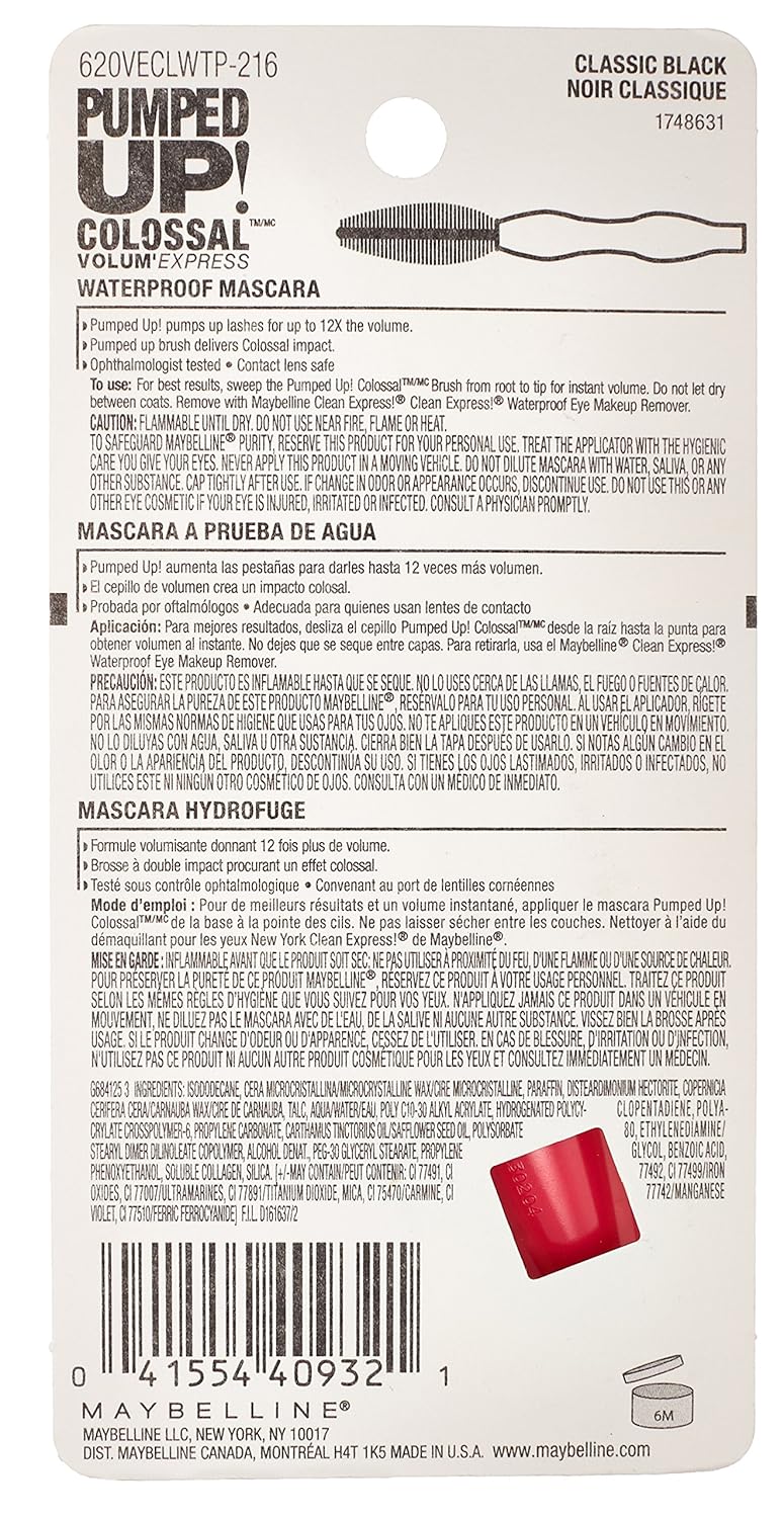 Maybelline New York Volum' Express Pumped Up! Colossal Waterproof Mascara, Classic Black, 0.32 Fl Oz, (K1569200) - Image 3